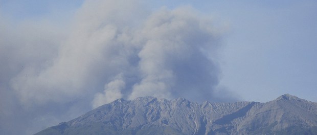 Volcanic ash is emitted from Mount Raung volcano as seen from Bondowoso