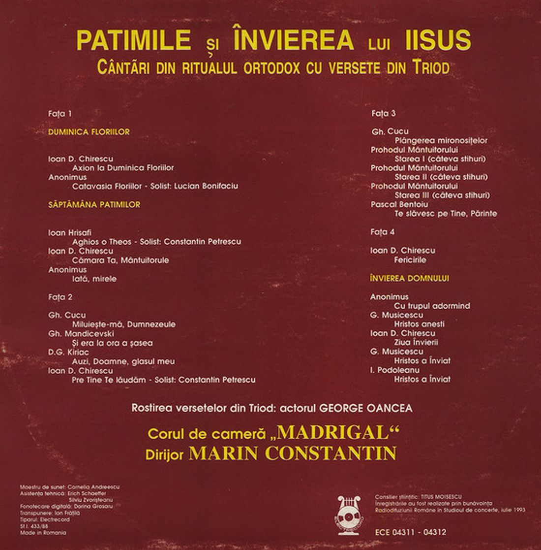 Foto 2. Booklet CD Patimile si invierea lui Iisus - Madrigal.Electrecord (foto si prel.1100 B.Dragomir)
