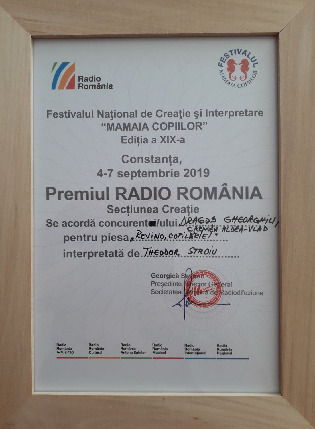 Diploma Premiul Radio Romania - Creație Mam. Cop. 2019 - Dragos Gheorghiu.1100 (foto by Bogdan Dragomir)